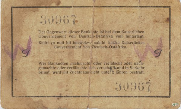 Rarität 2: Ro. 930 Deutsch-Ostafrika Interims-Note mit W-Überstempelung - 1 Rupie (4-5)