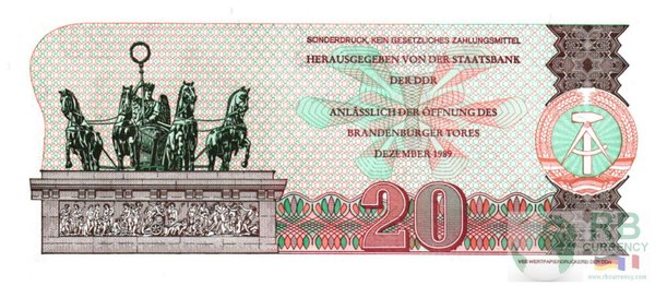 Ro 366 DDR 20 Mark 1989 Öffnung Brandenburger Tor Gedenkbanknote UNC